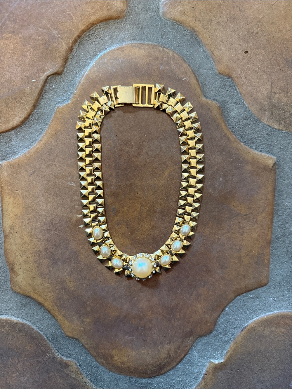 Incredible Vintage Paris find Gold Link Necklace with Opalescent Cabochons